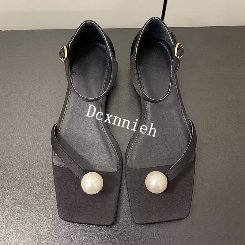 Sandálias pontiagudas com decoração de pérola para mulher, Square toe, Split toe, Versátil, elegante, verão, Versátil, sapato de festa, novo, 2024