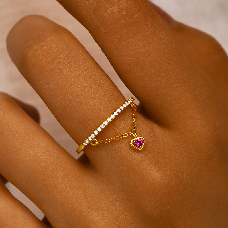 Hilangkan 925 cincin perak murni untuk wanita geometris persegi tunggal baris rantai rumbai hati zirkon cincin hadiah perhiasan pernikahan