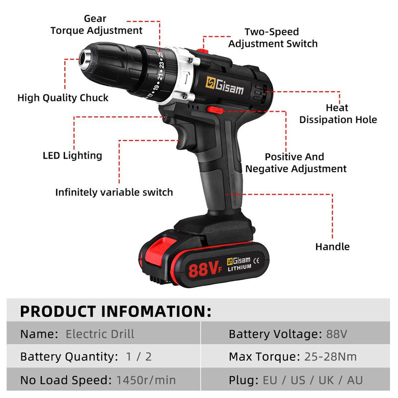 25+3 Torque Cordless Drill Electric Screwdriver Rechargeable Electric Drill Lithium-Ion Battery 2 Speed DIY Driver Power Tools