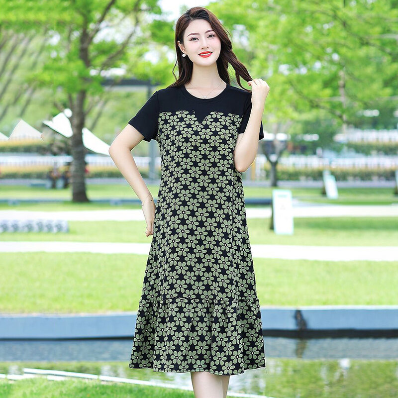 Vestido fino feminino com costura estampada, roupa coreana, temperamento confortável, saia longa e fina, moda casual feminina, verão, 2024