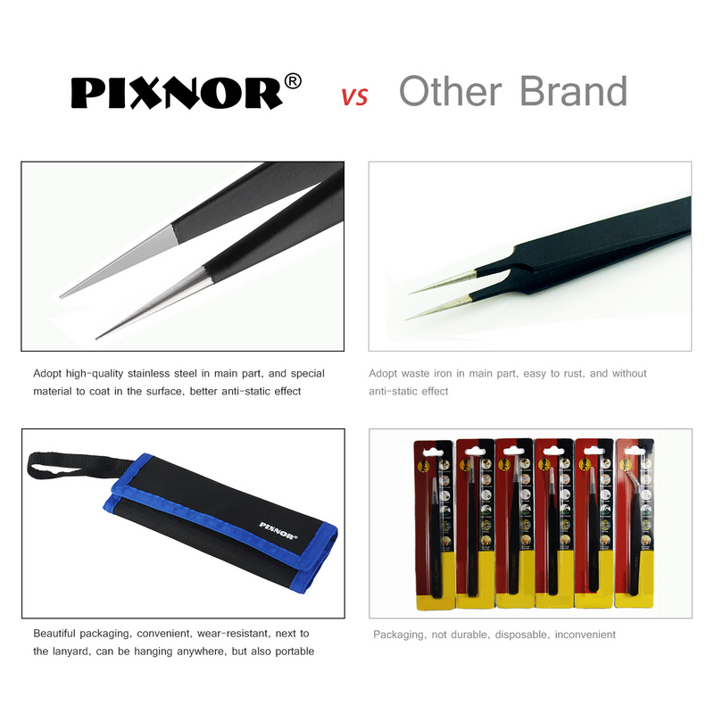 PIXNOR – pincettes antistatiques ESD en acier inoxydable, ensemble de 9 pièces Premium avec étui pour l'électronique, la fabrication de bijoux, le travail en laboratoire