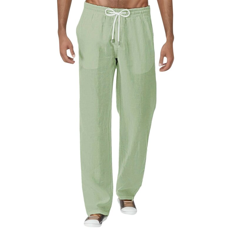 Pantalones informales de moda para hombre, Pantalón recto de poliéster y algodón Natural, cintura elástica, blanco, Verano