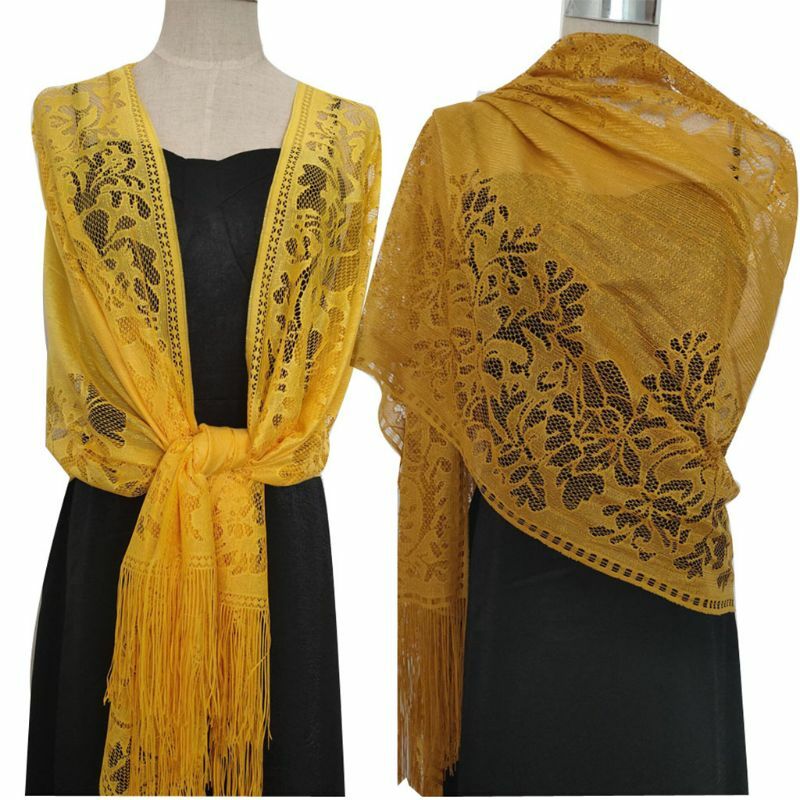 185 x 63 Damen-Schal Stil der 1920er-Jahre, ausgehöhlt, gehäkelte Blumenspitze, Fransenquasten T8NB