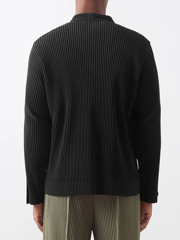 Miyake jaquetas pesadas plissadas para homens, bombardeiro de botão único, jaqueta sólida, design casual com gola redonda, roupas masculinas, design lateral, inverno elegante