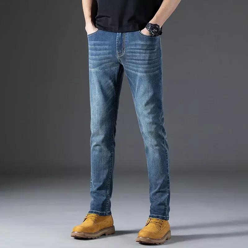 Wiosenny i jesienny nowy moda biznesowy do jeansów mężczyzn prosto Slim wszystkie dopasowane luźne spodnie typu Casual markowe spodnie