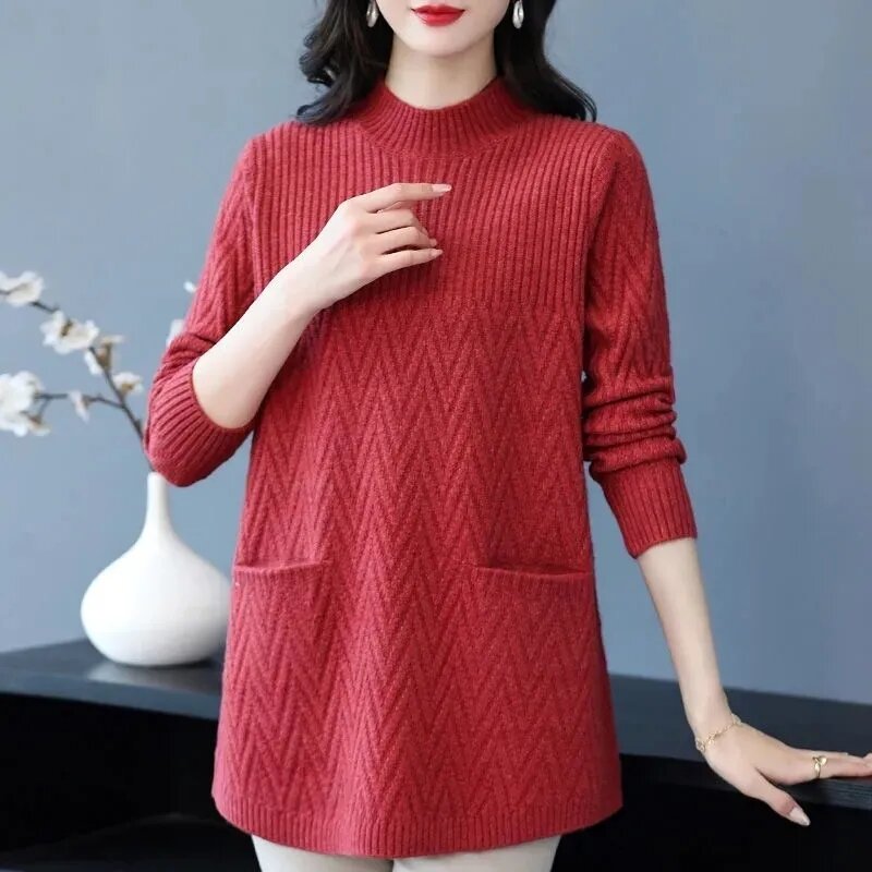 Women's Sweaters Pullover 2023 New Solid Half High Collar Thick Warm Long Knitted Sweaters Winter Female Tops Bottoming Shirt