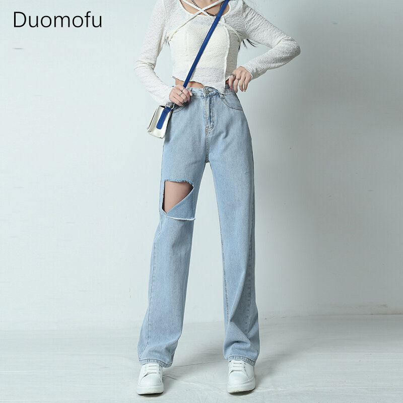 Duomofu 연청 시크 할로우 아웃 루즈 청바지, 한국 기본 하이 웨이스트 슬림 패션, 심플 단색 캐주얼 여성 청바지
