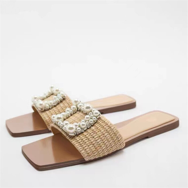 Kobiece sztuczna perła buty na płaskim obcasie eleganckie kwadratowe z odkrytymi palcami sandały damskie szykowne beżowe buty wygodne mieszkania