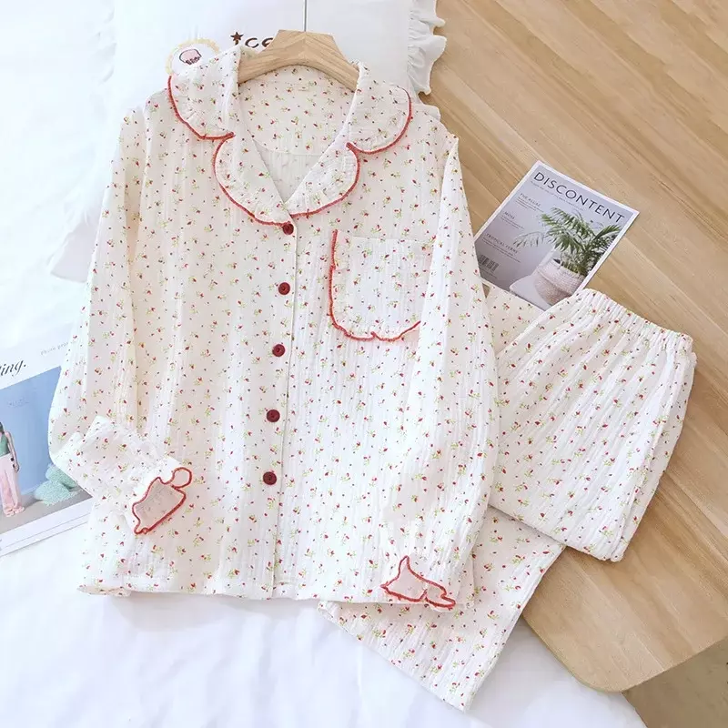 New spring and autumn ladies small floral cotton crepe pajamas set long-sleeved trousers lapel home service two-piece set women
