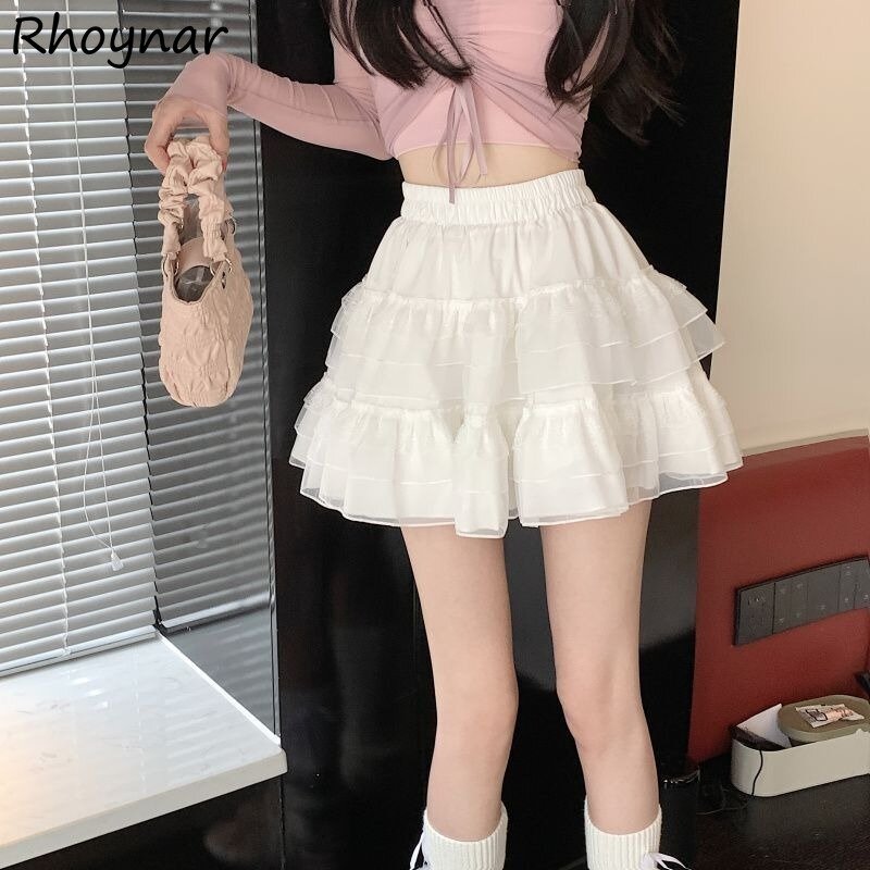 Rok kue Mini wanita musim panas pinggang elastis dekorasi renda Solid Mesh A-line longgar manis indah Chic All-match Streetwear