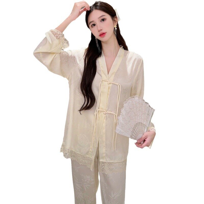 Пижамный комплект Женский атласный из 2 предметов, свободная одежда для сна, Топ с длинным рукавом и штаны с принтом, повседневная одежда для сна, весна-лето