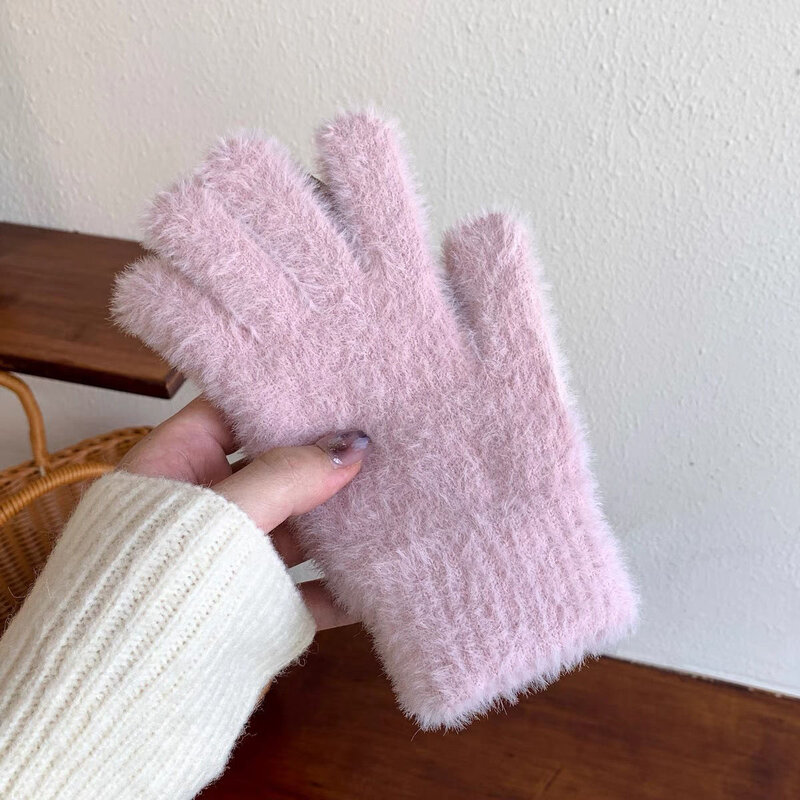 Women Winter Warm Mink Velvet Gloves Plush Five Finger Gloves Outdoors Solid Color Glove Cute Fur Fluffy Wrist Warmer Mittens