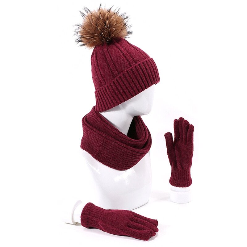 estilo 3 pçs masculino feminino gorro malha chapéu cachecol luvas conjunto grosso inverno quente bola falsa pom pom boné