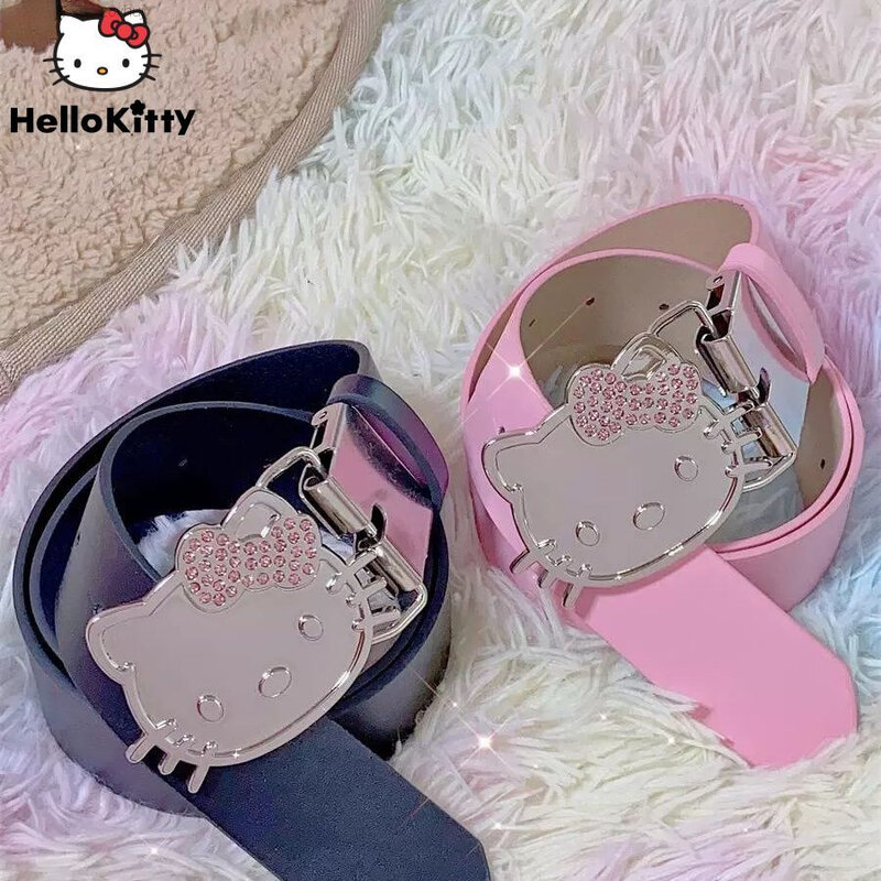 Sanrio-Cinturón de cuero rosa con diamantes de imitación para niña, Hello Kitty Y2K, Yk2, gótico, Punk, negro, blanco, creativo, moda japonesa, elegante