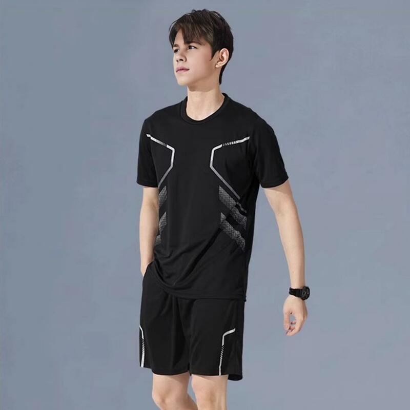 T-shirt Shorts Set Elastic-waisted Shorts Outfit Men's Casual Sportswear Set with O-neck T-shirt Wide Leg Shorts for Quick