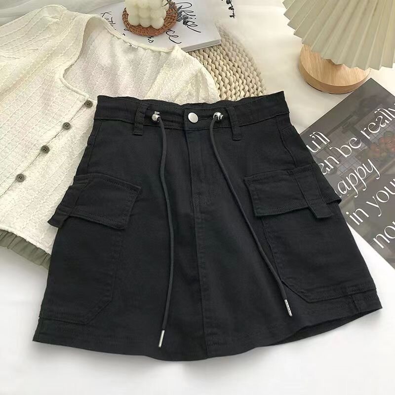 Plus Size Pockets Lace-up Vintage Denim Skirt Summer Loose Casual Solid Mini Skirts Spring Korean Fashion Faldas Women Clothes