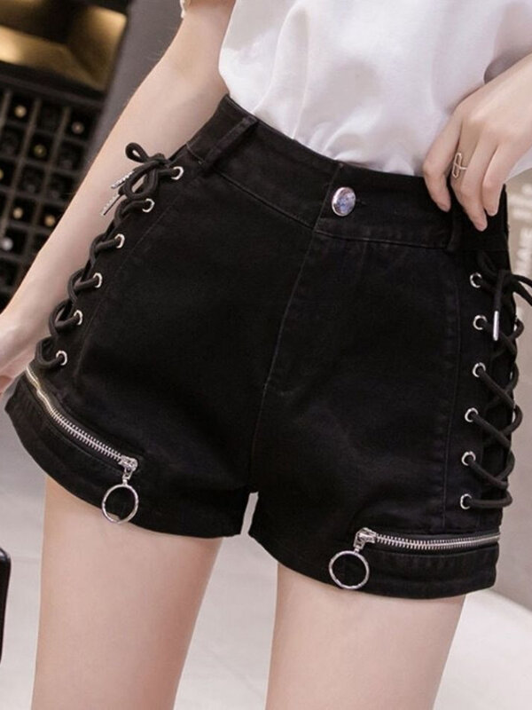 QWEEK dżinsowy bandaż seksowny szorty Cargo kobiet 2024 wiosna lato gotyckie Harajuku Streetwear spodnie z bocznymi nogawkami