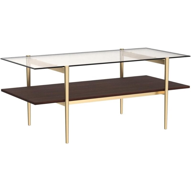 Coffee Table, Clear Double Layer Glass Coffee Table for Living Room, Clear Glass & Coffee Brown Bottom Shelf, Coffees Tables