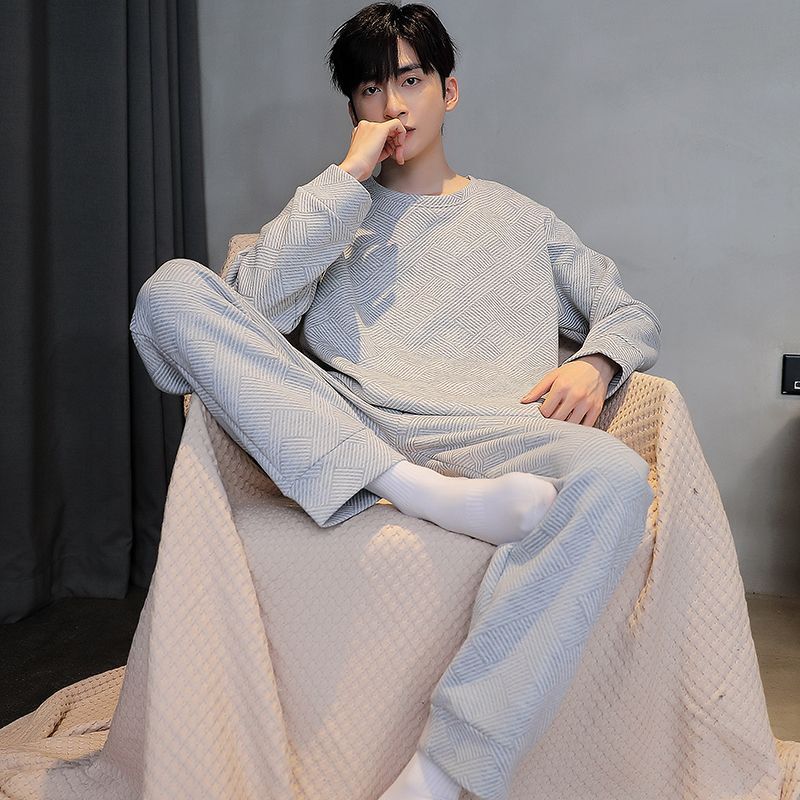 Men Pajamas Autumn Winter Thickened Cotton Long Sleeve Interlayer Loose Extra Large Air Filter Cotton The New Homewear Set