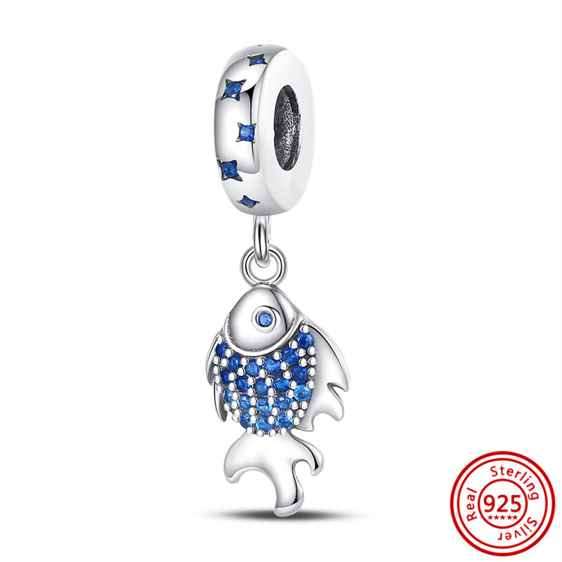925 Sterling Silver Dolphins Seahorse Whale Sharks Tropical Fish ciondola Charm Blue Beads Fit Pandora Original bracciale Jewelry