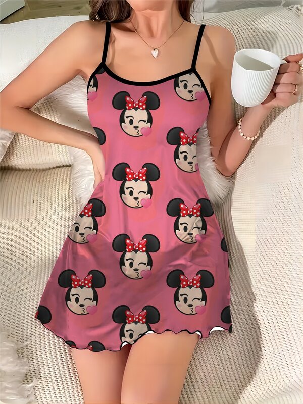 Vestidos Elegantes con ribete de lechuga para mujer, vestido Sexy de Disney, Minnie Mouse, falda de pijama de superficie de satén de Mickey, Mini embellecedor elegante