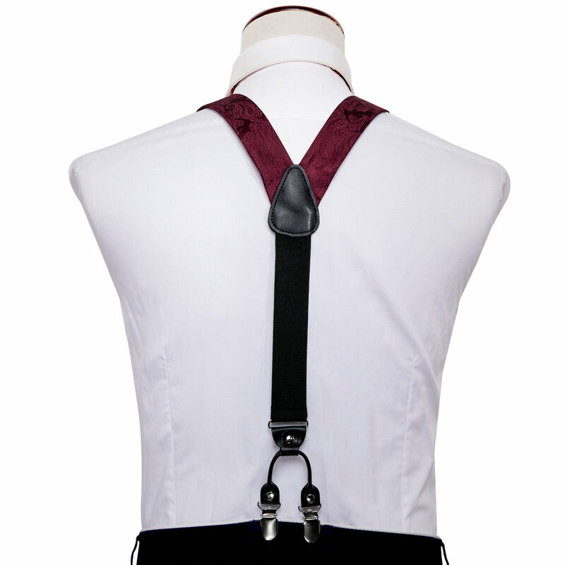 Elegant Suspenders ผู้ชาย Burgundy สีแดง Paisley ผ้าไหม Jacquard Pre-Bow Tie ผ้าเช็ดหน้า Cufflink ชุด Barry.Wang Designer งานแต่งงานของขวัญ