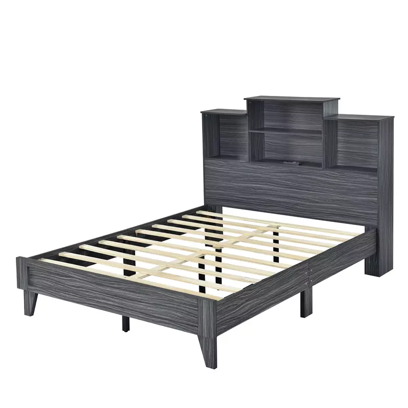 Full Size Storage Platform Bed Frame with 4 Open Storage Shelves and USB Charging Design, Gray