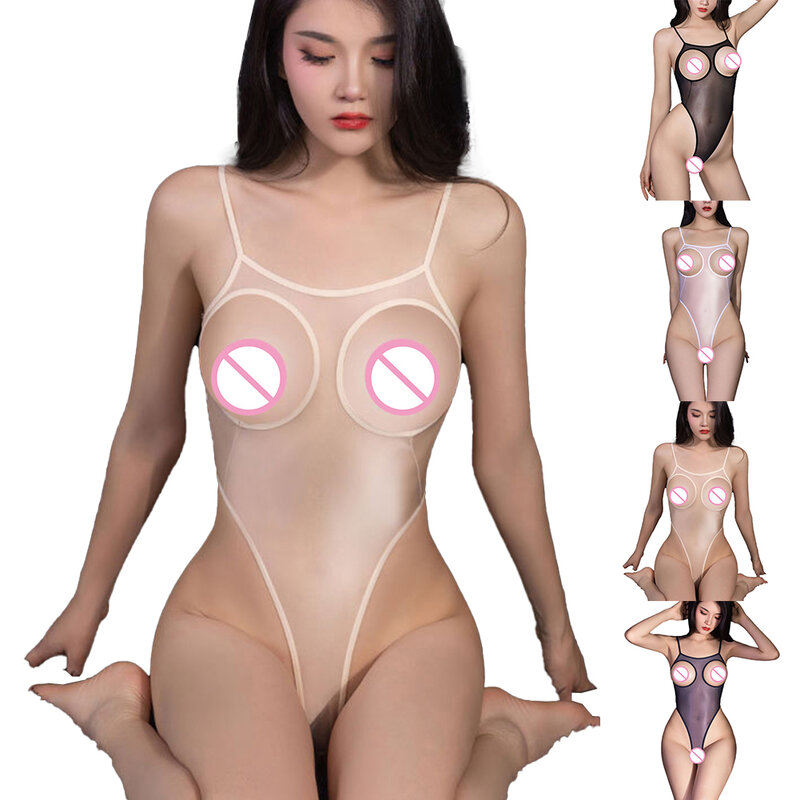 Frauen sexy Bodysuit Öle glänzende ultra dünne transparente Nachtwäsche hoch geschnittene Dessous rücken freie Schritt lose Overall offene Tasse Nachtwäsche