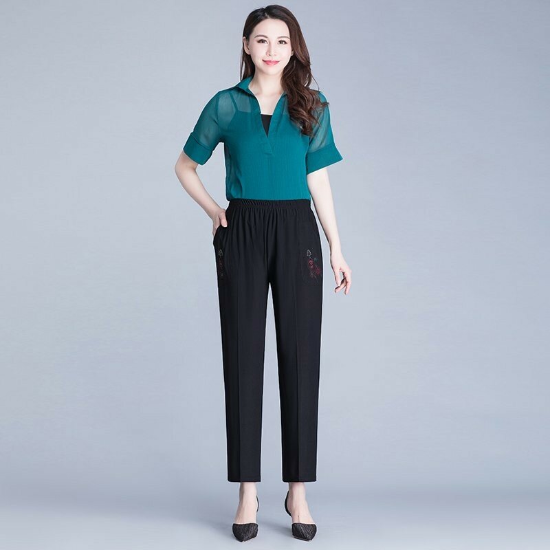 Pantalones elásticos de cintura alta para mujer de mediana edad, pantalón informal con bordado de flores, color negro, primavera y verano