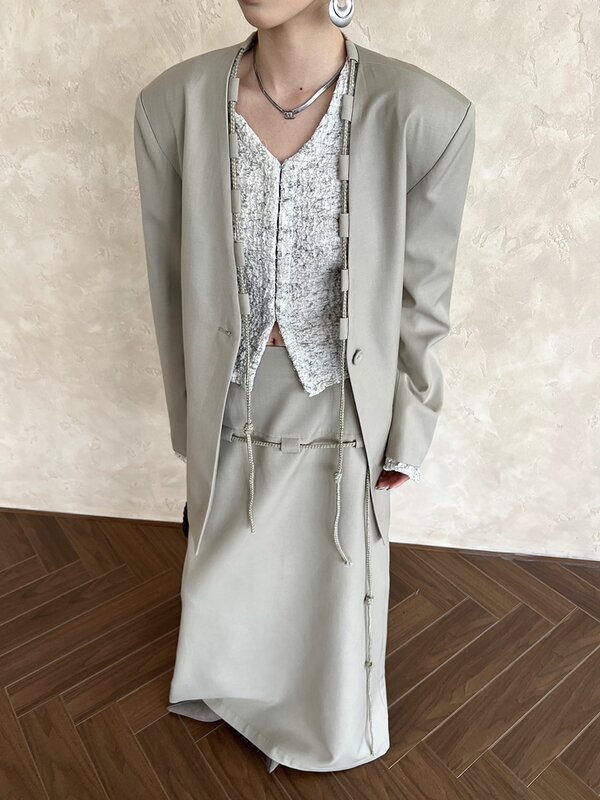 [LANMREM] Irregular Design Drawstring Blazers For Women V Neck Long Sleeve Office Lady Loose Jackets 2024 Spring New 26D8744