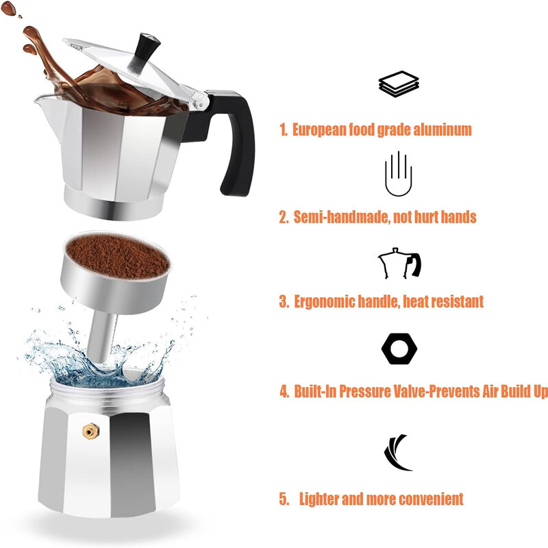 Caffettiera Mocha piano cottura macchina per caffè Espresso alluminio argento percolatore per caffè casa caffettiera ottagonale prodotta a mano utensili da cucina