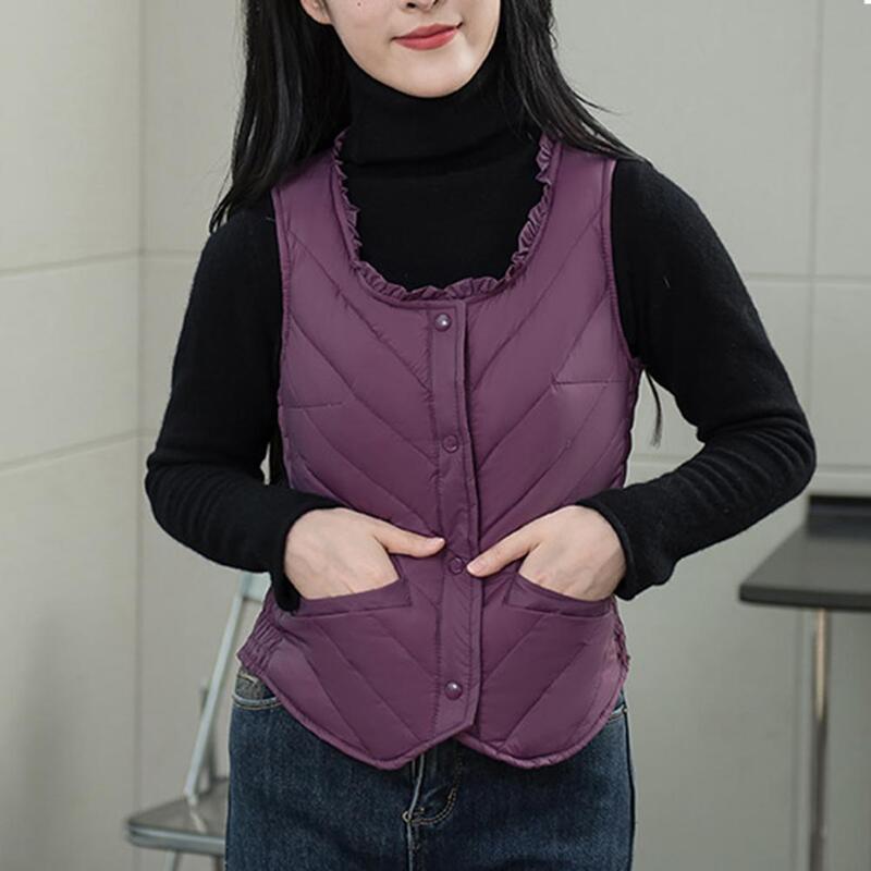 Chaleco ligero de felpa para mujer, chaqueta acolchada acogedora con cuello en U, diseño de botonadura única, suave, Otoño e Invierno