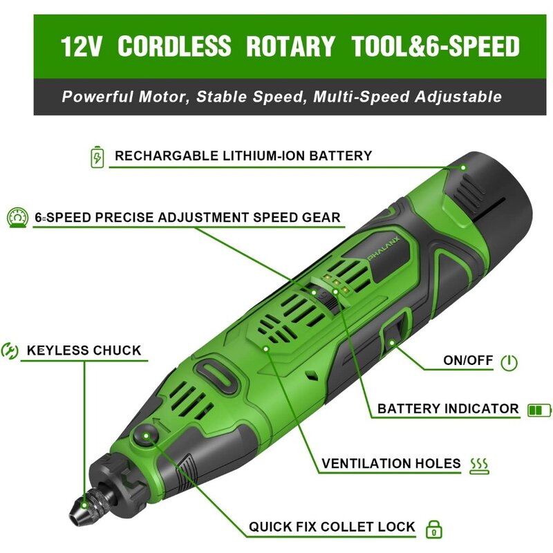 Kit di utensili rotanti a batteria 12V con mandrino senza chiave, 6 velocità 5000-32000 giri/min, 119 accessori con albero flessibile, Idea per il taglio,