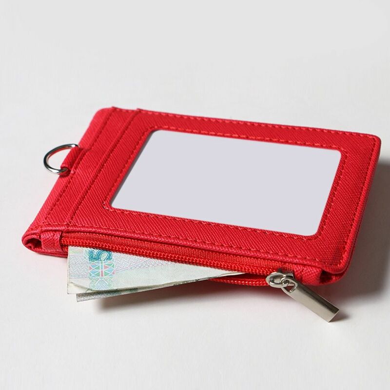 Multifuncional PU Leather Card Cover Case Staff Work Card Holder Com Cordão Nome Tag Zipper Card Bag Carabiner Estilo Escalável