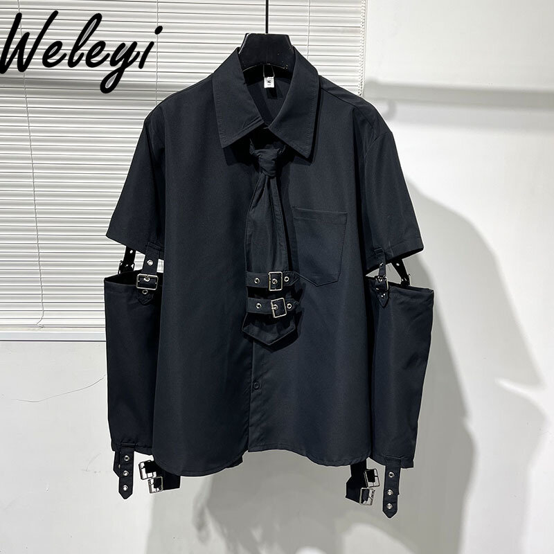 Jirai Kei Trendy Men's Black Shirt Spring Dark Metal Sweet and Unique Splicing Steampunk Street Style Fashion Work Clothes Blusa