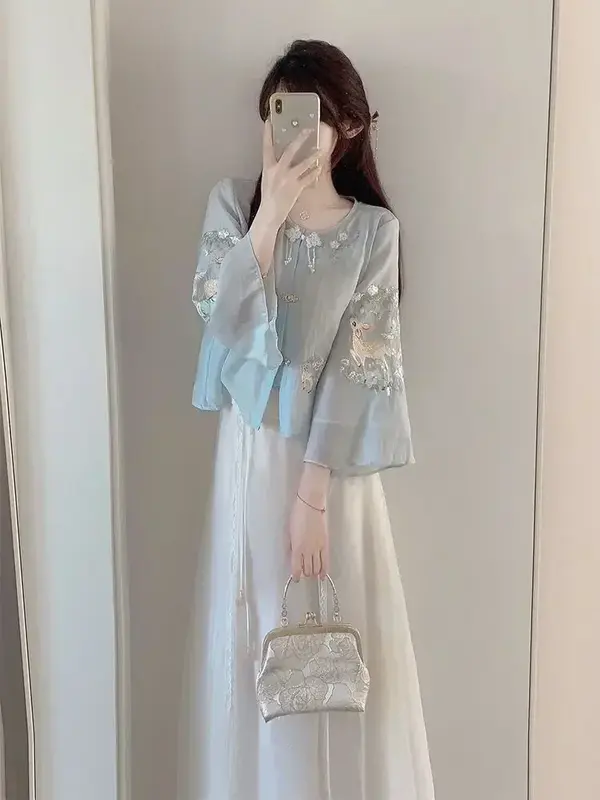 Haut et demi-jupe brodés de style chinois pour femmes, ensemble deux pièces, fouet avancé imbibé, rapIndustry, exquis, été, nouveau, 2024