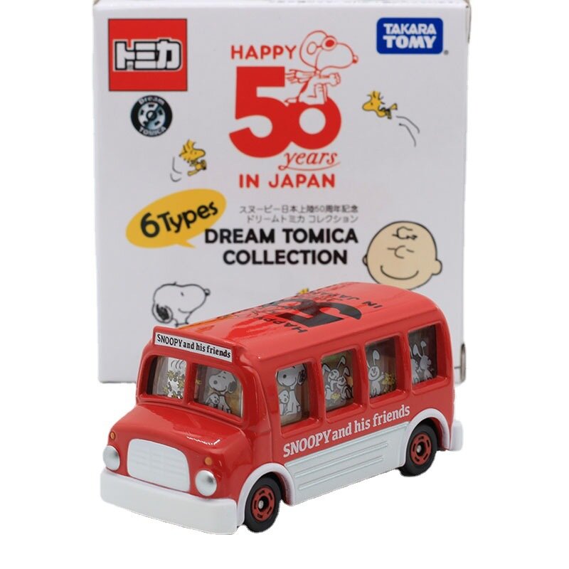 Domeka Tomy personaje animado Snoopy 50 aniversario modelo de coche de aleación 70 Aniversario Edición Limitada autobús escolar Juguetes Coche