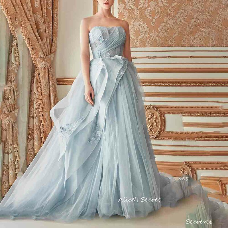 Ball Gown Strapless Sleeveless Floor Length Floral Appliques Pleated Sweep Train Prom Gown Dress