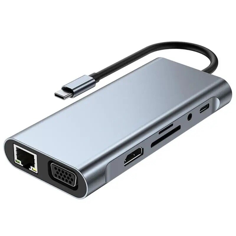 RYRA 11 In 1 USB C HUB Tipe C Splitter Ke HDMI 4K Thunderbolt 3 Adaptor Laptop Stasiun Docking dengan Kartu SD TF AUX HUB VAG RJ45