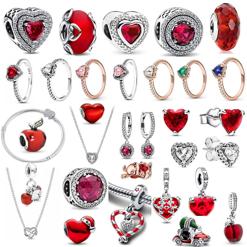 925 Sterling Silver Plated Beads para Mulheres, Série Vermelha, Natal Apple Gift, Dangle Charms, Pulseira Coração Original, Jóias
