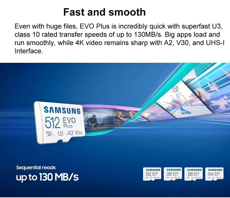 Kartu Memori Flash SAMSUNG Micro SD EVO Plus 128GB 64GB 256GB 512GB 32GB 8GB Kelas 10 UHS-I Kartu Microsd TF Kecepatan Tinggi
