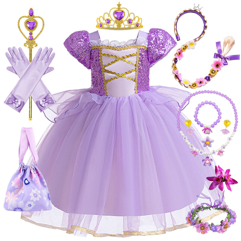 Rapunzel-Vestido de princesa para niñas, traje de malla con lentejuelas, para carnaval, cumpleaños, boda