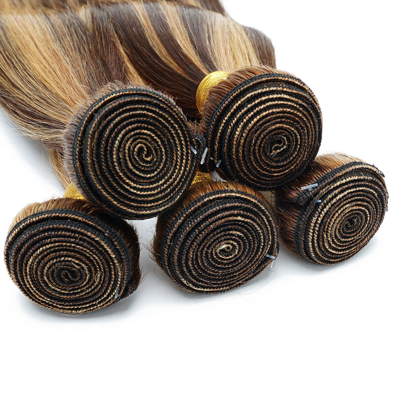 KissHair-Extensions de Cheveux Péruviens Naturels à Reflets P4/27, 60 grammes, 10 à 22 Pouces, Pré-Colorés, Bruns, Blonds, Double Trame