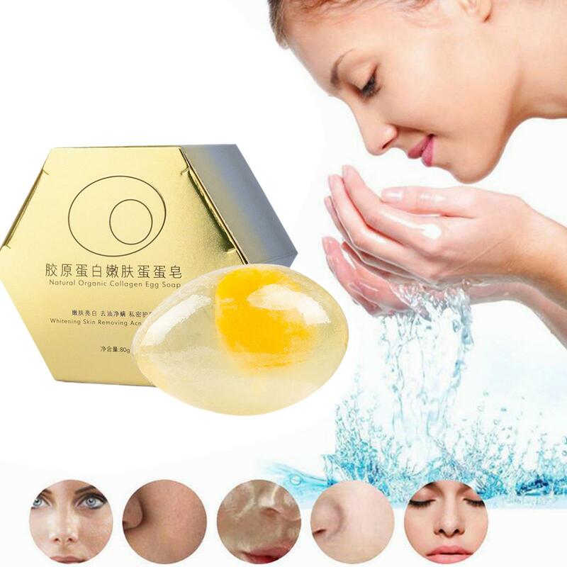 80g sapone al collagene fatto a mano sapone all'uovo biologico naturale sbiancante rimozione del sapone per l'acne sapone detergente per il viso detergente per brufoli B Q3F2