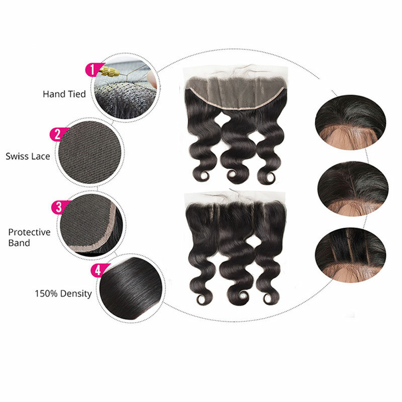 Bundel rambut manusia panjang 36 38 40 inci dengan penutup gelombang tubuh bundel rambut manusia dengan renda Frontal Remy penutupan rambut Brasil