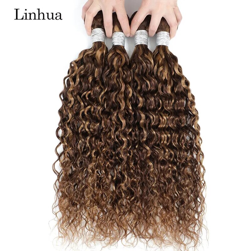 Linhua-Highlight Water Wave Bundles, Cheveux humains, 8 à 30 ", 1, 3, 4 Bundles, Highlight Ombre Brown, Honey Blonde Hair Weave, Trame