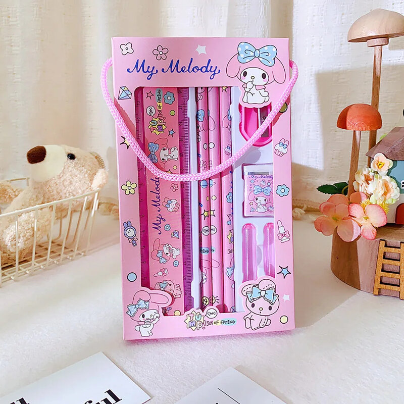 Sanrio Set alat tulis Kawaii Hellokitty Melody Kuromi Cinnamoroll perlengkapan sekolah anak-anak penghapus pensil penggaris hadiah Natal