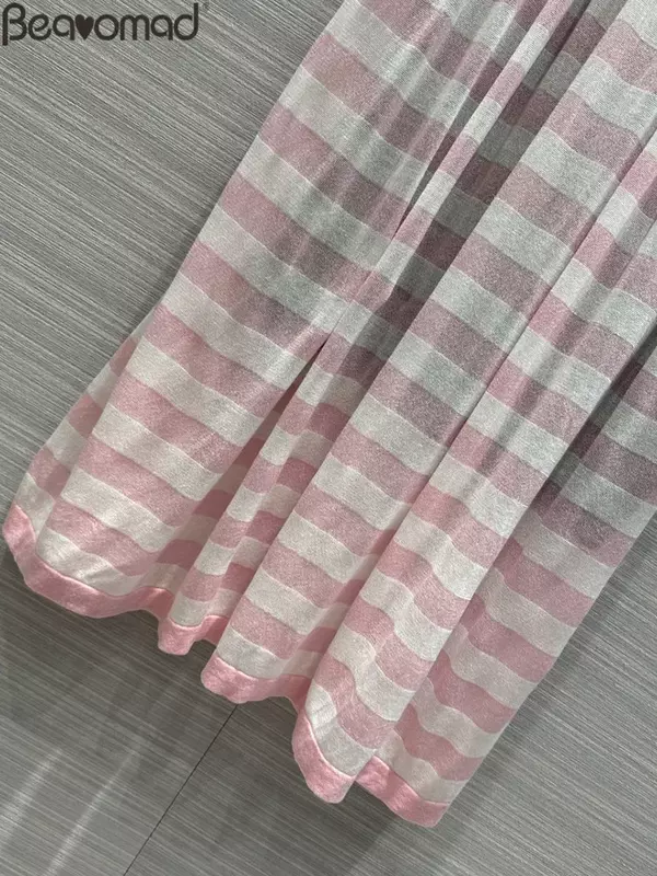 Модная дизайнерская летняя розовая полосатая длинная юбка, женская тонкая стильная элегантная большая юбка-качели на пуговицах