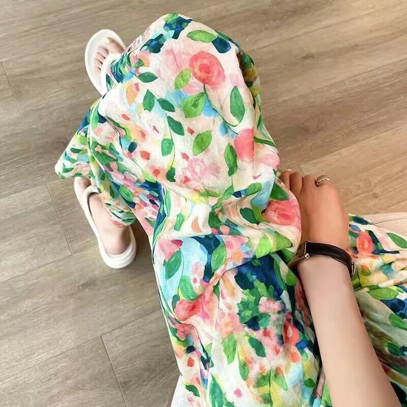 2024 Summer New Beach Pants Loose Wide-Leg Pant for Women Seaside Leisure INS High Waist Cropped Pant Straight Floral Trousers