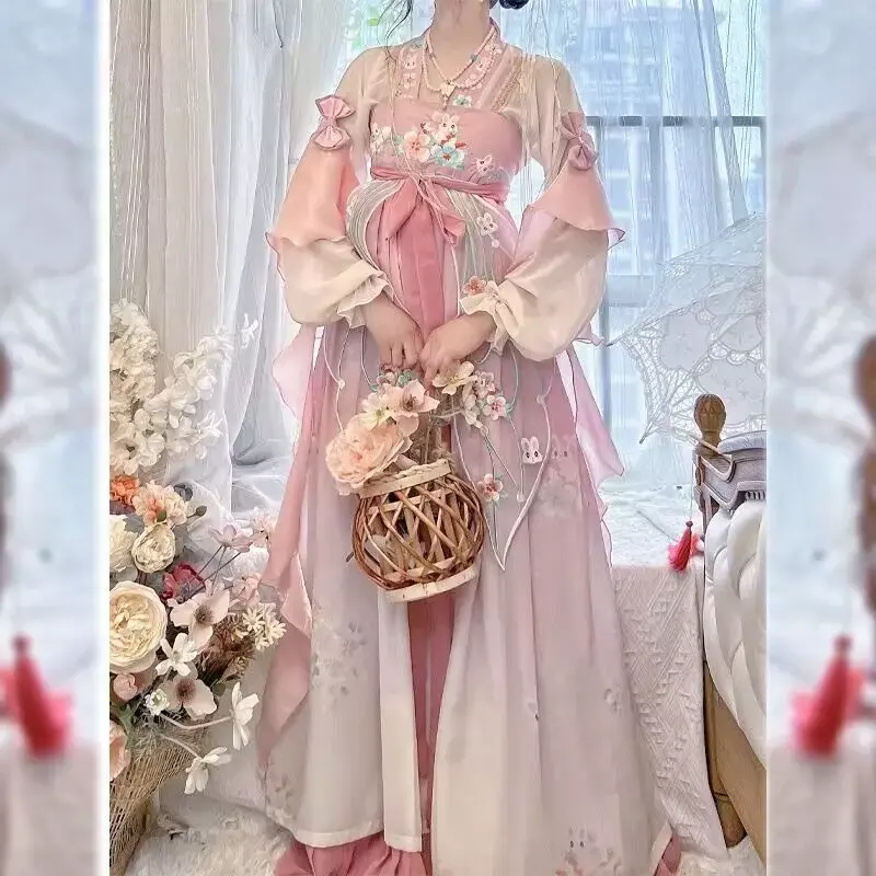 Hanfu ชุดคอสเพลย์เจ้าหญิงเจ้าหญิงชุดโบราณจีนโบราณชุดสีชมพู2023ฤดูร้อนชุดเดรสเต้นรำใหม่